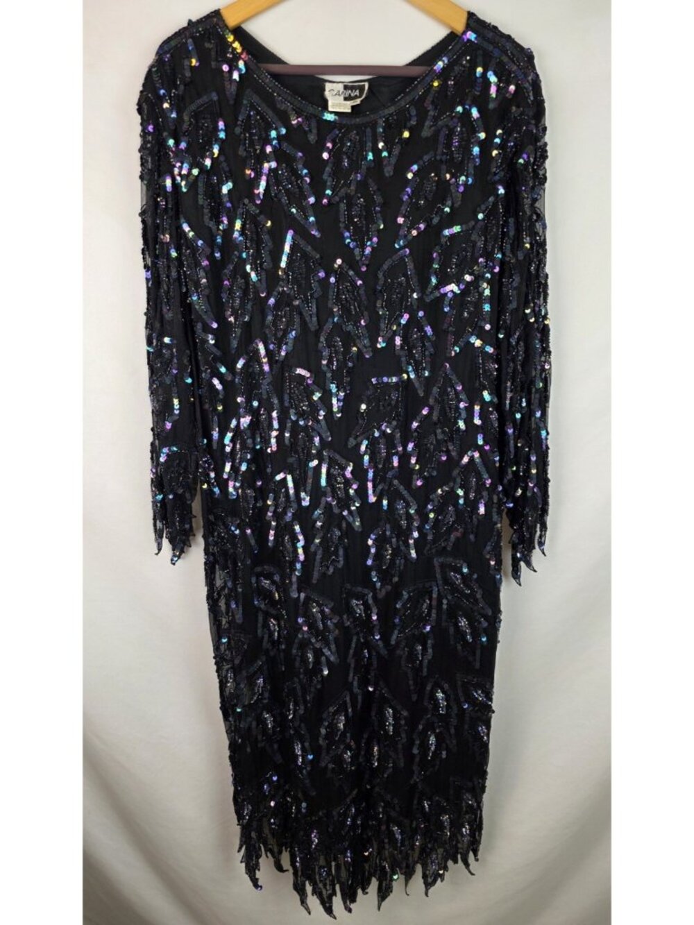 Carina Womens Vintage Dress Size 2X Black Silk Sequin Long Sleeve Jagged Hem